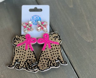 Jaguar with Pink Bow Preppy Dangle Earrings