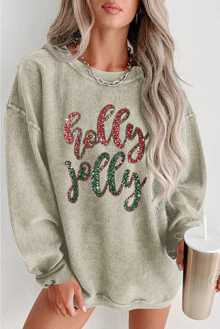 Sequin Holly Jolly Graphic Corded Sweatshirt