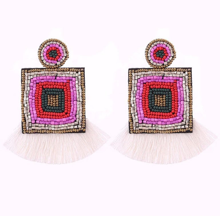 Square Bead Tassel Earrings